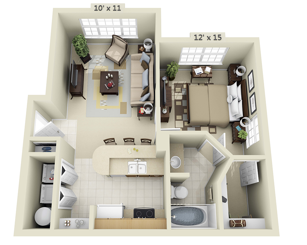 Floor plan for 1 bed, 1 bath, 615 sqft